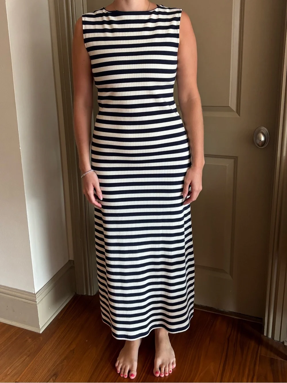 J. Crew Navy and White Striped Sleeveless Midi Dress